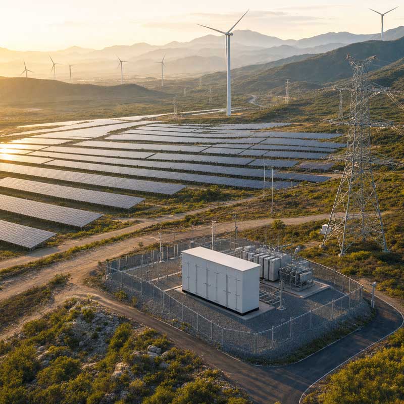 Power substation supporting a solar and wind energy project